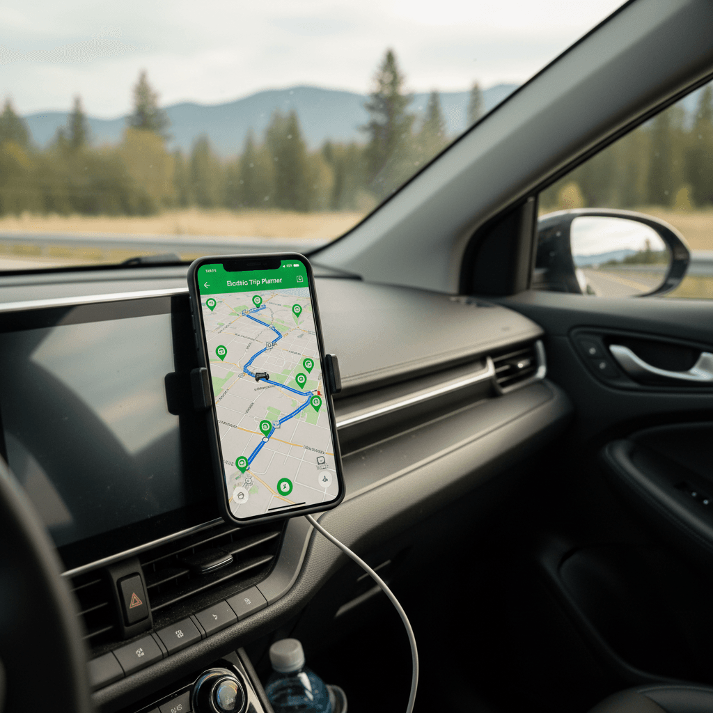 Driver in parked electric vehicle reviewing an EV trip planner app on their smartphone before starting a long highway road trip
