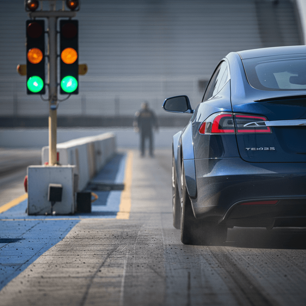 Electric car squatting on launch at the drag strip with the starting tree lit