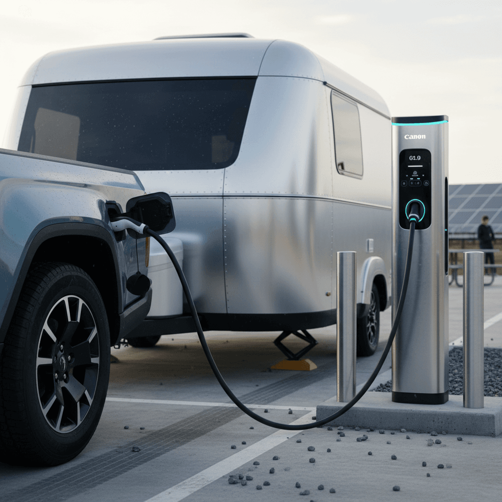 Electric pickup bed with compact fifth-wheel overhang illustrating pin weight over the rear axle