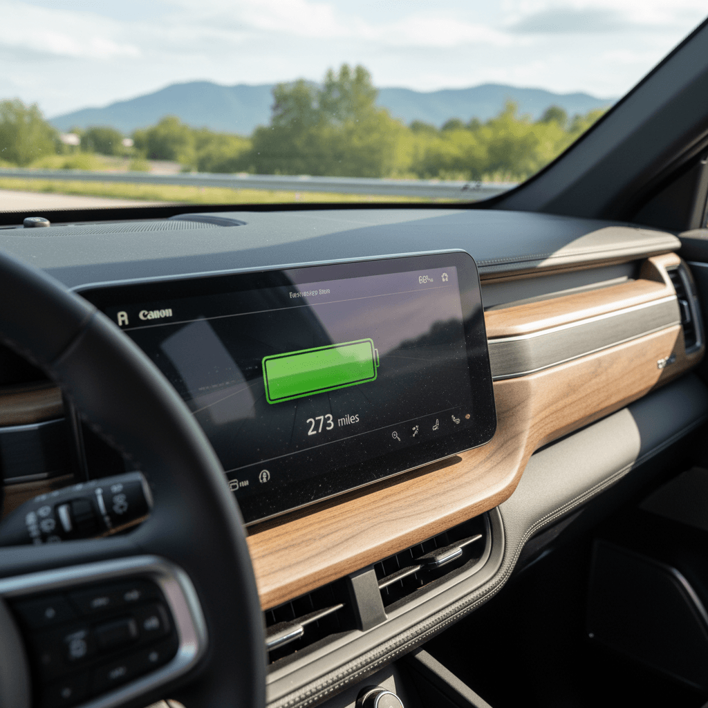 Rivian R1S driver display showing state of charge and projected remaining range while cruising on the highway