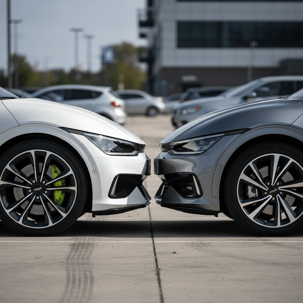 Kia EV6 GT parked next to a regular EV6, showing different wheels and stance