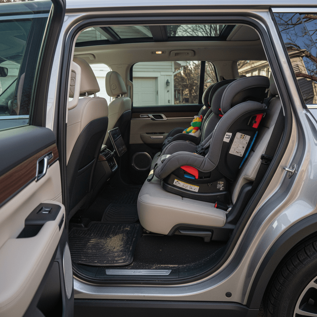 Rivian R1S interior with two child seats installed in the second row and room to access the third row