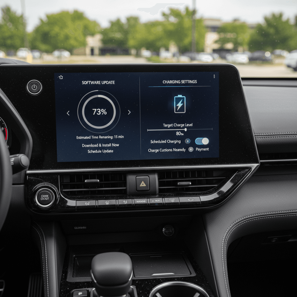 Lexus RZ center touchscreen showing EV charging map and software update notification