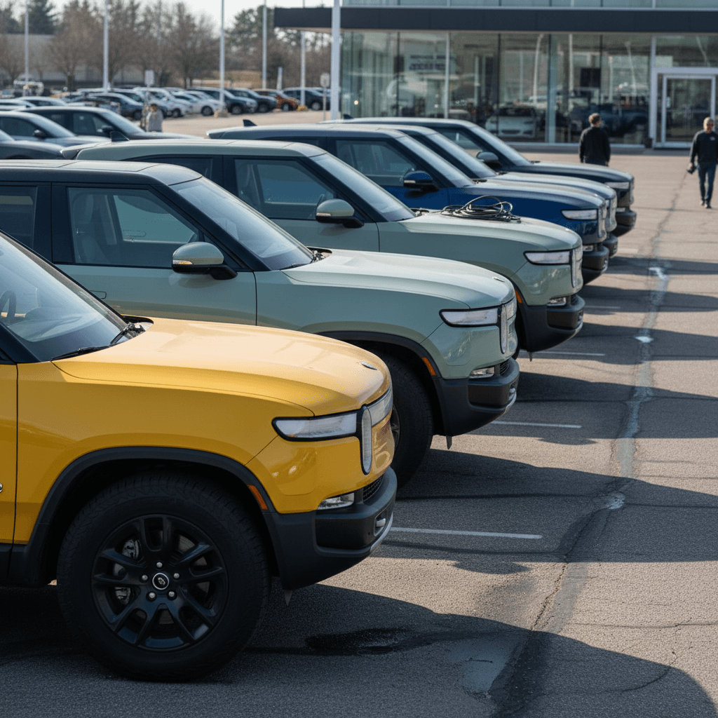 Line of used Rivian R1T electric pickups parked on a lot, illustrating different trims and colors for resale shoppers
