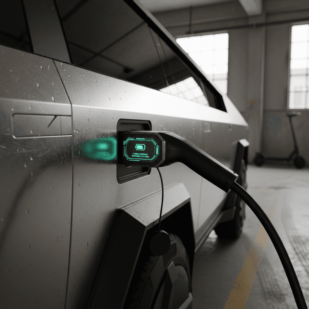 Tesla Cybertruck plugged in and charging, with energy and battery information visible on the center screen