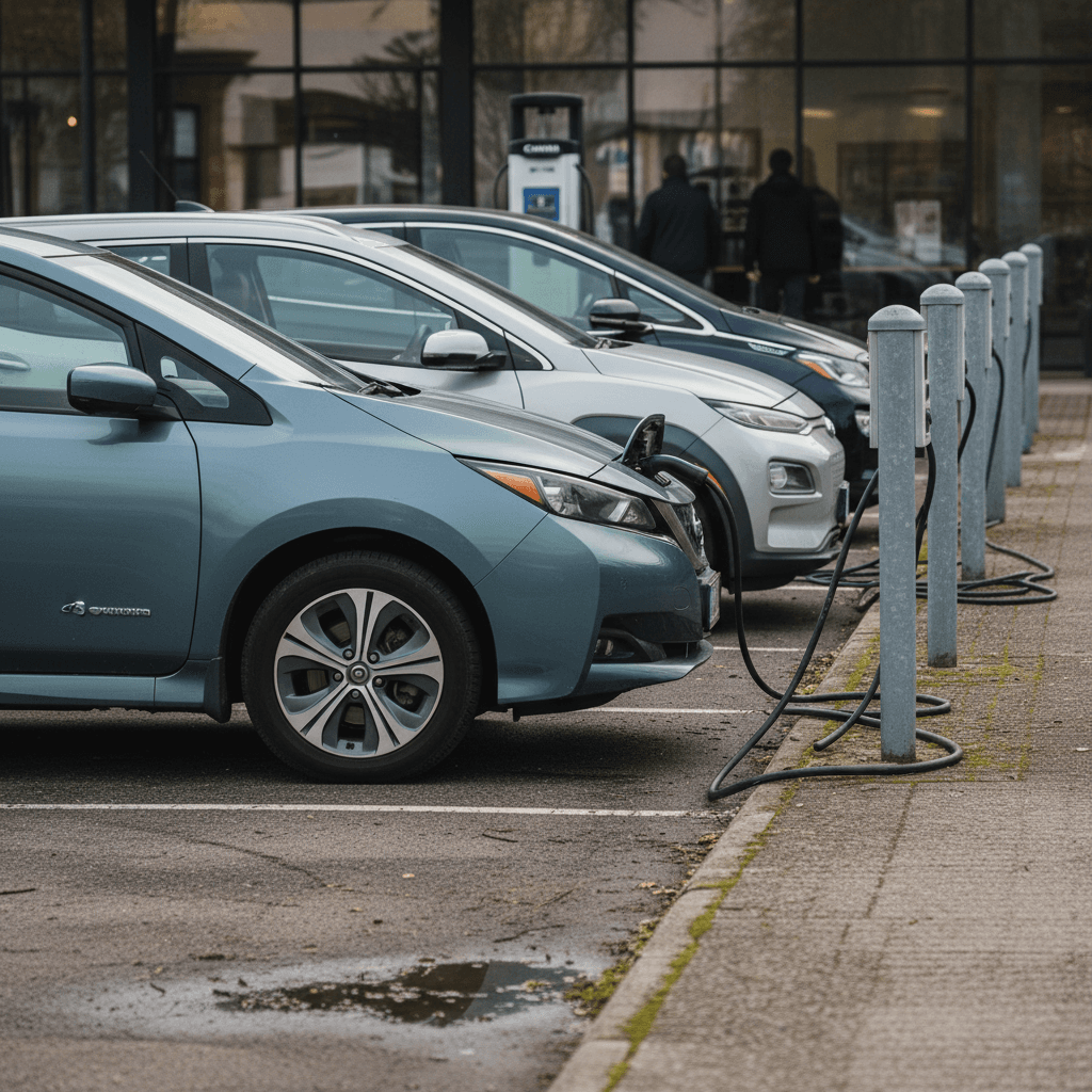 Row of compact electric cars parked along a city street, illustrating affordable EV options.