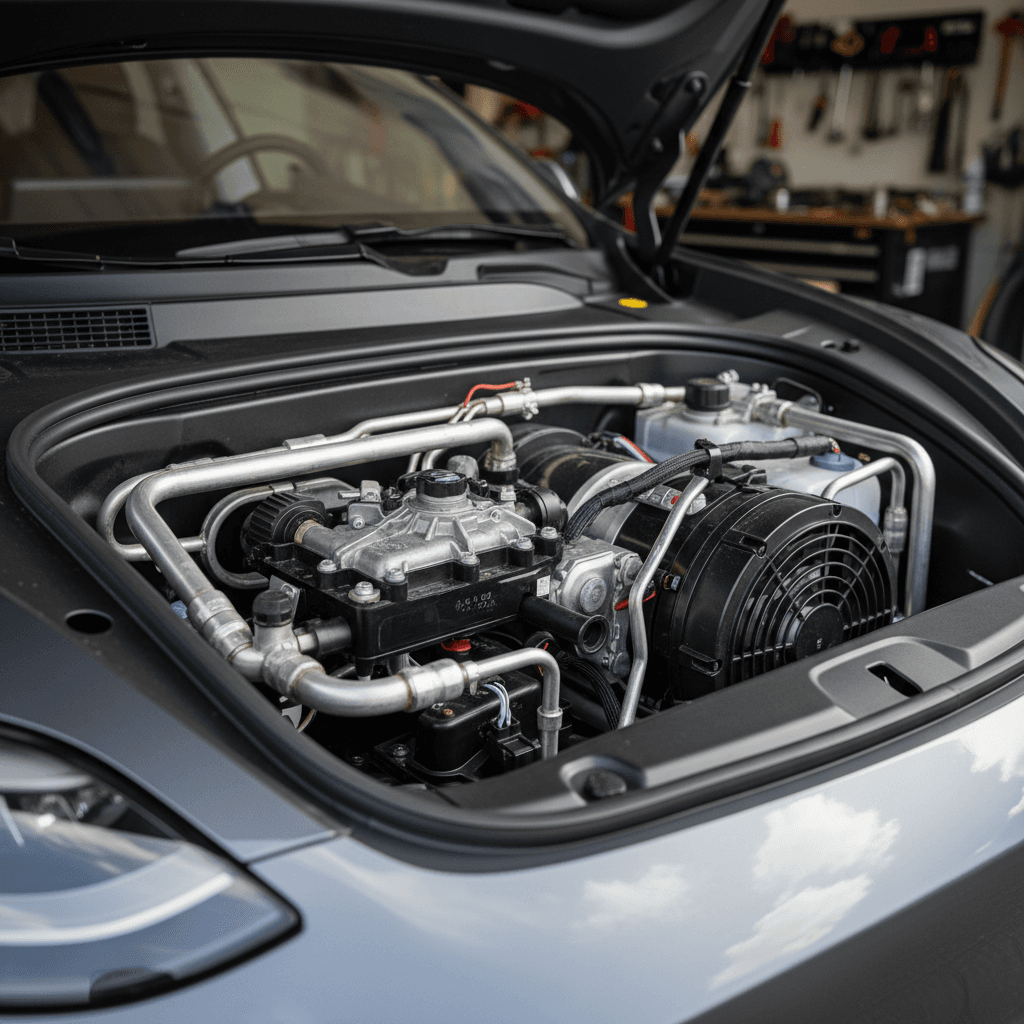 Diagram-style illustration of the Tesla Model Y heat pump and octovalve assembly near the front trunk area