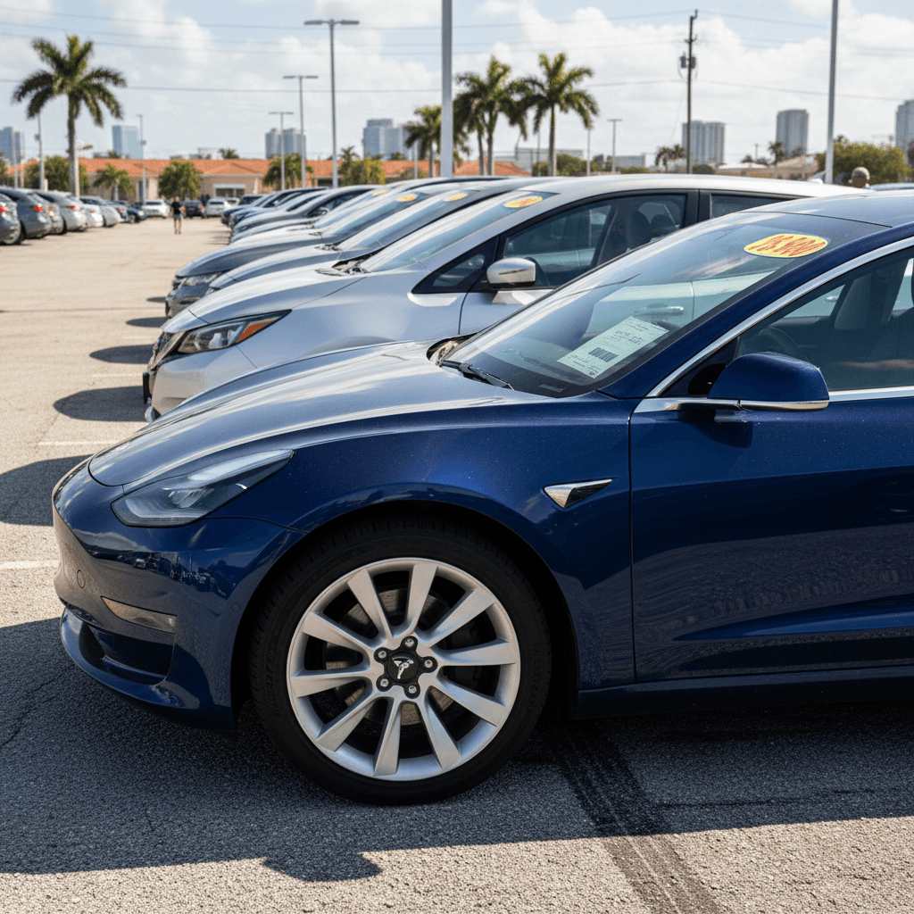 Driver plugging a used electric car into a public Level 2 charging station outside an apartment building