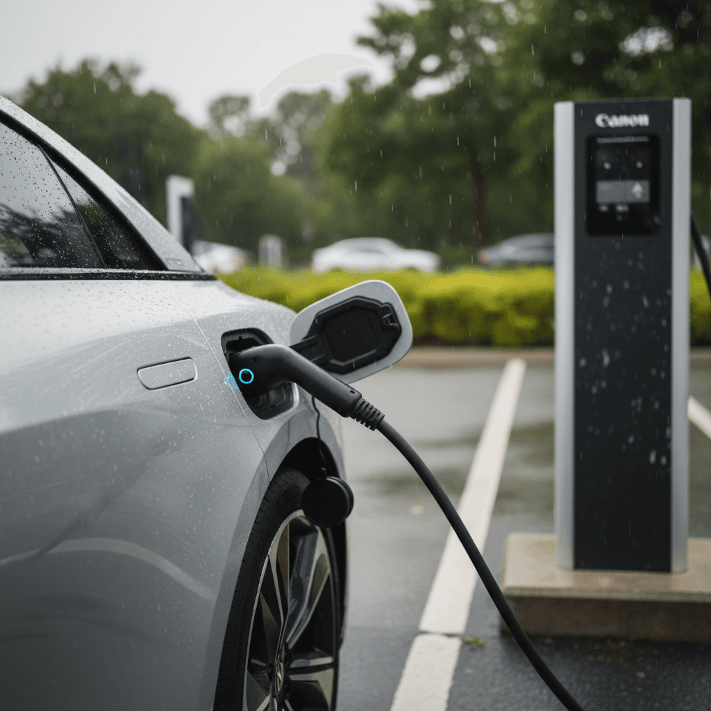 Lucid Air electric sedan driving on an open road, illustrating its long highway range