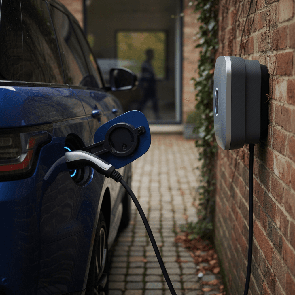 Range Rover Sport plug-in hybrid parked and charging on a home wallbox