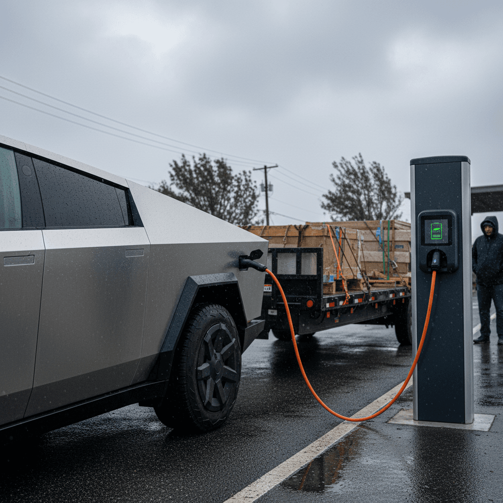 Tesla Cybertruck towing a large box trailer while stopped at a fast charger