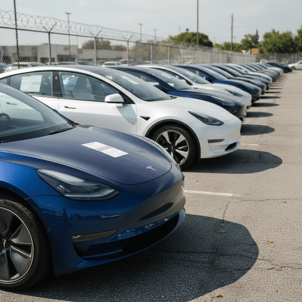 Used Tesla Model 3 and Model Y parked on a lot with price stickers visible