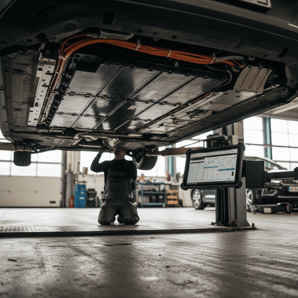Technician performing underbody inspection and battery check on an electric vehicle in a service bay