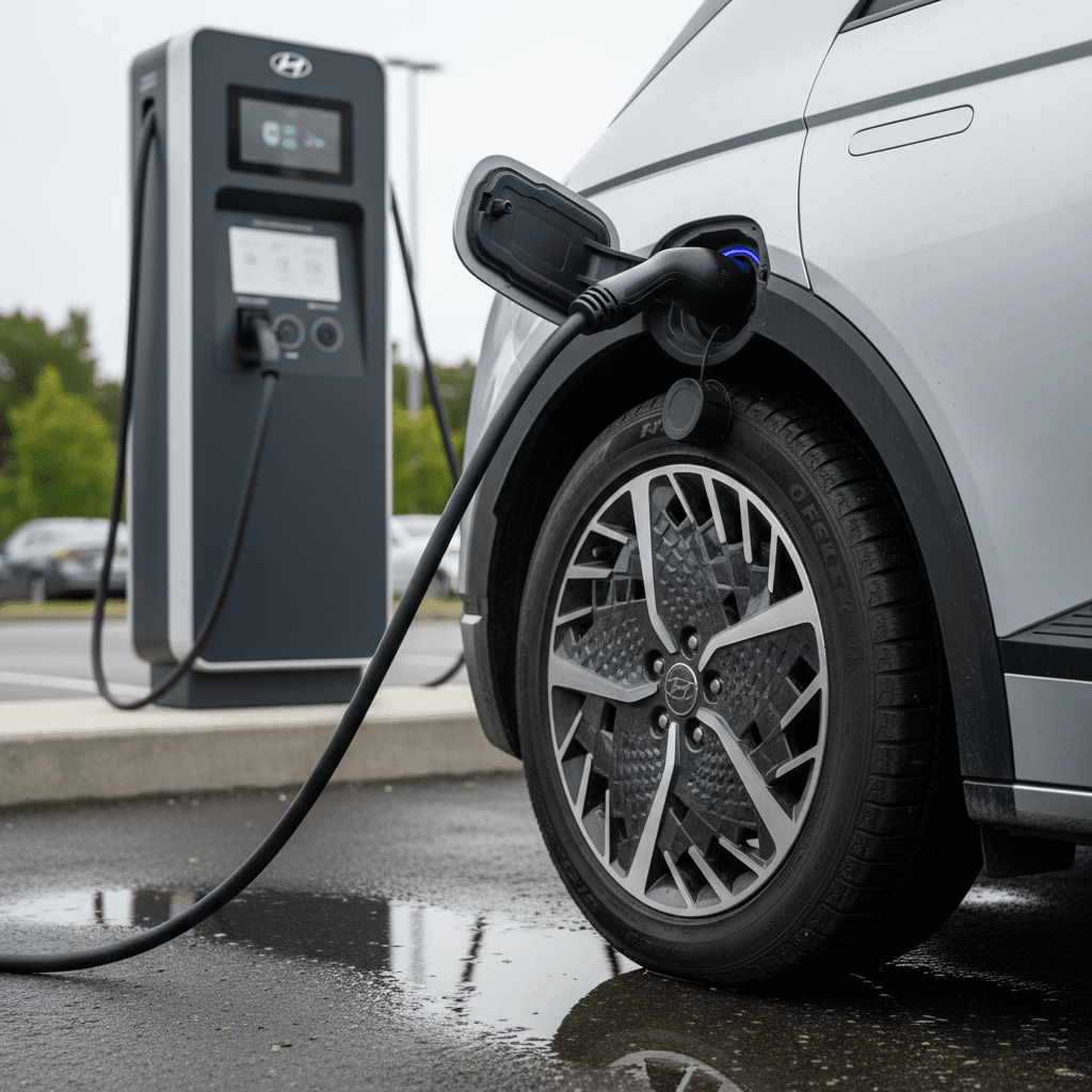 Technician inspecting the suspension and underbody of a Rivian R1S on a lift during a pre-purchase inspection