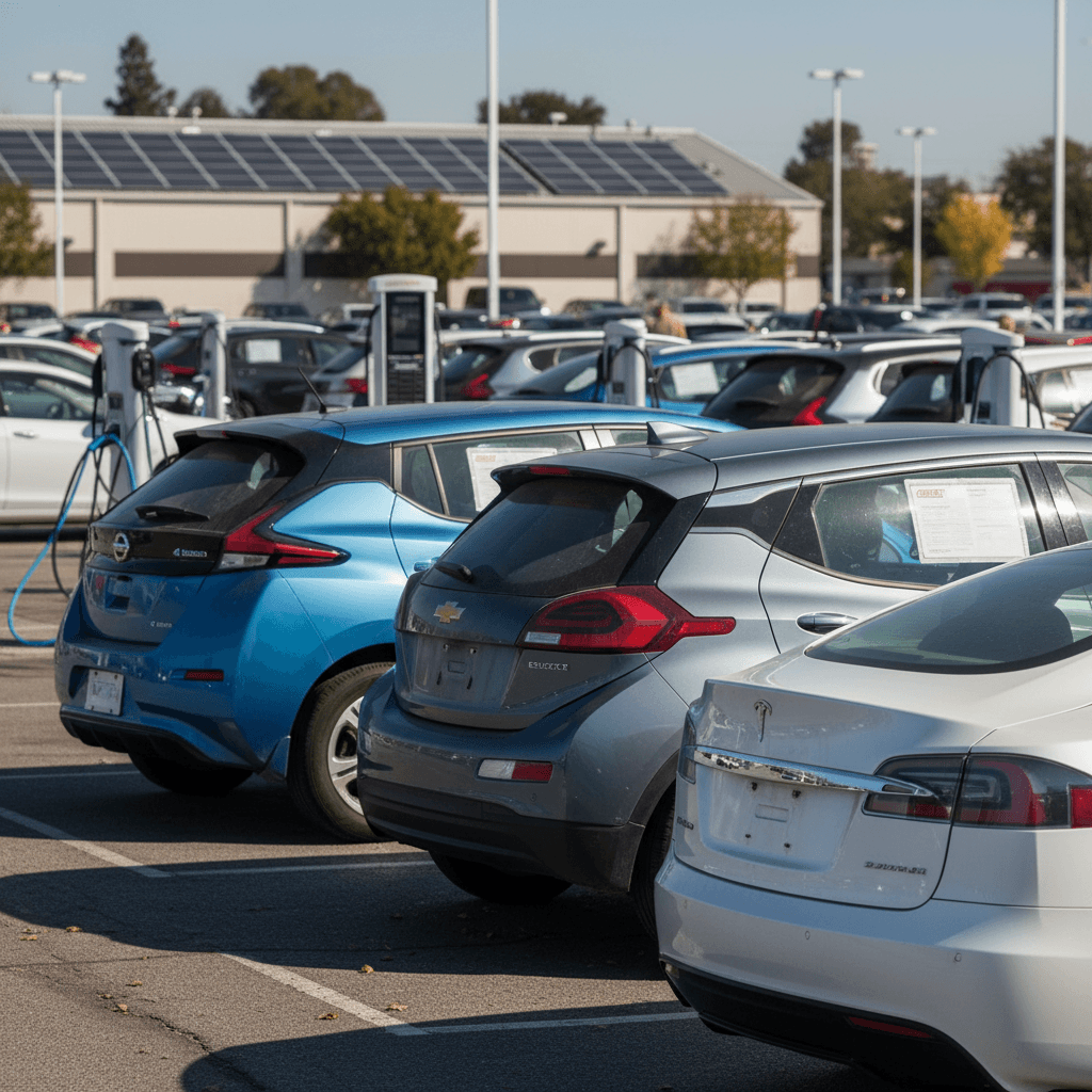 Used electric cars lined up on a dealership lot with price stickers and a few visible charging pedestals