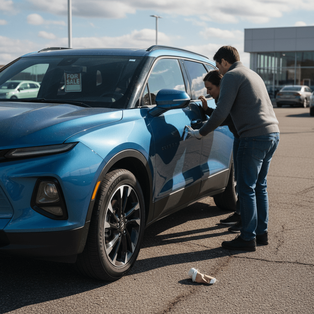 Chevy Blazer EV parked at a dealership lot with buyers walking around and examining the vehicle