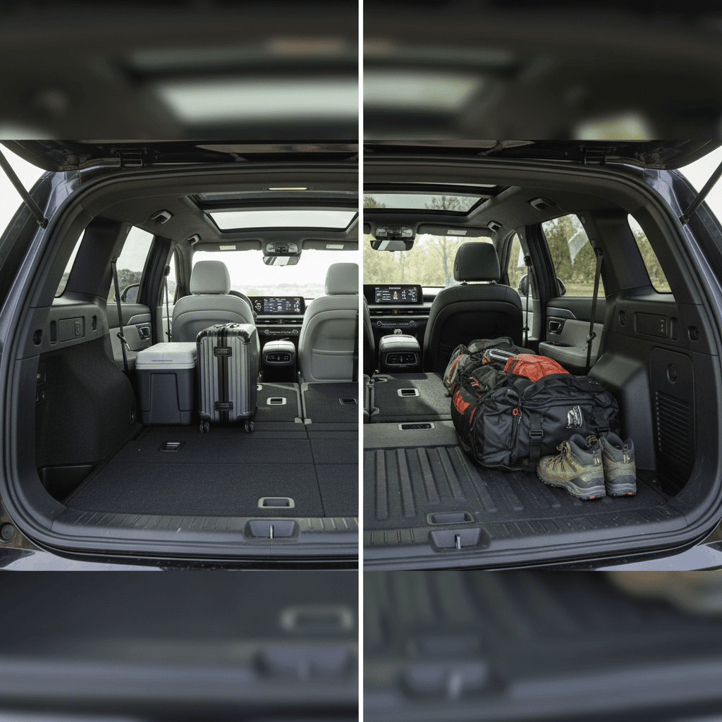 Side-by-side interior views of a Tesla Model X and Rivian R1S, highlighting their different dashboard layouts and screens