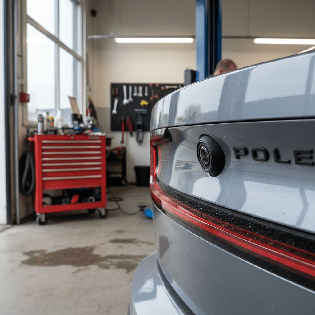 Close-up of a Polestar 2 rear camera integrated into the tailgate at a service bay