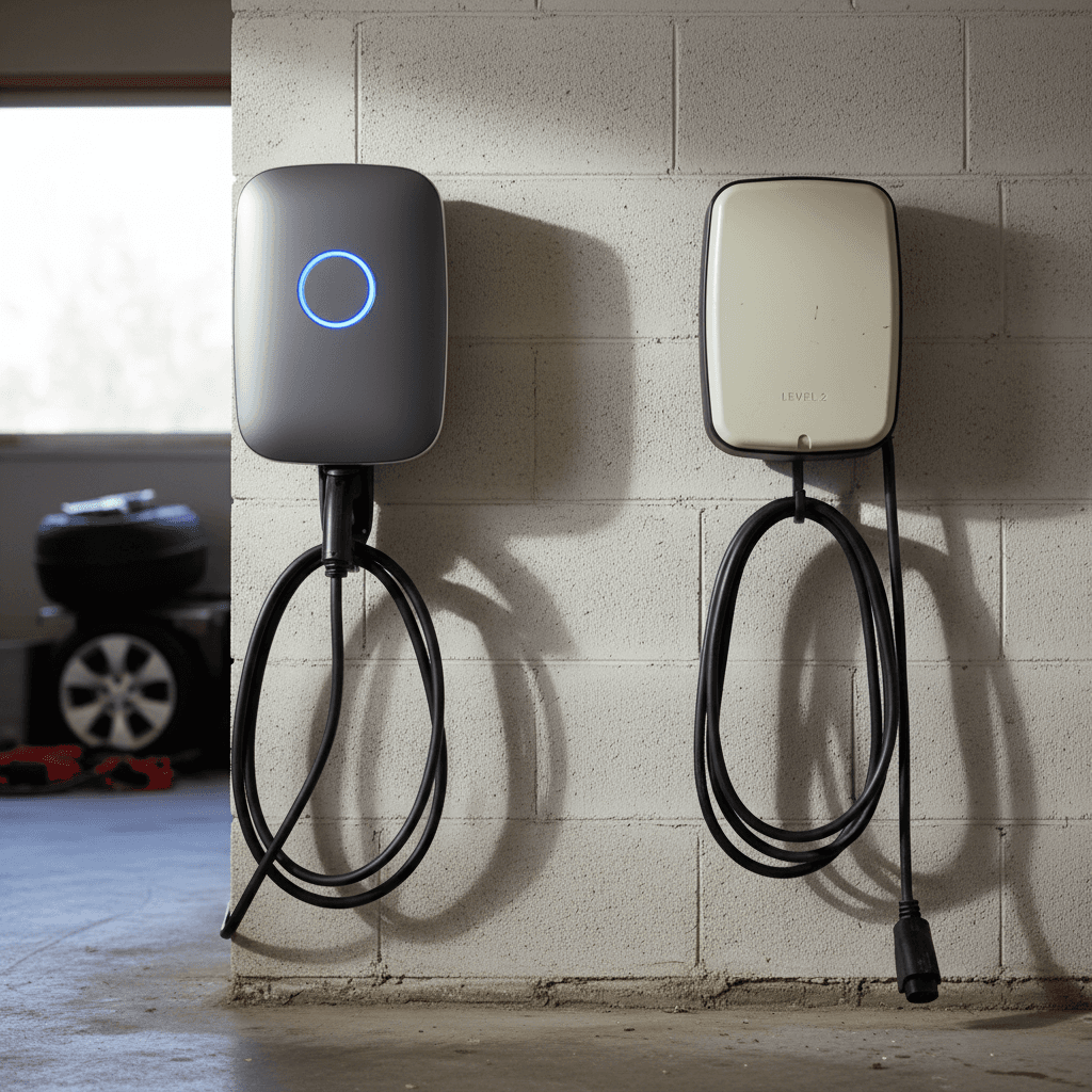 Smart EV charger with app screen next to a simple dumb Level 2 charger mounted on a residential garage wall