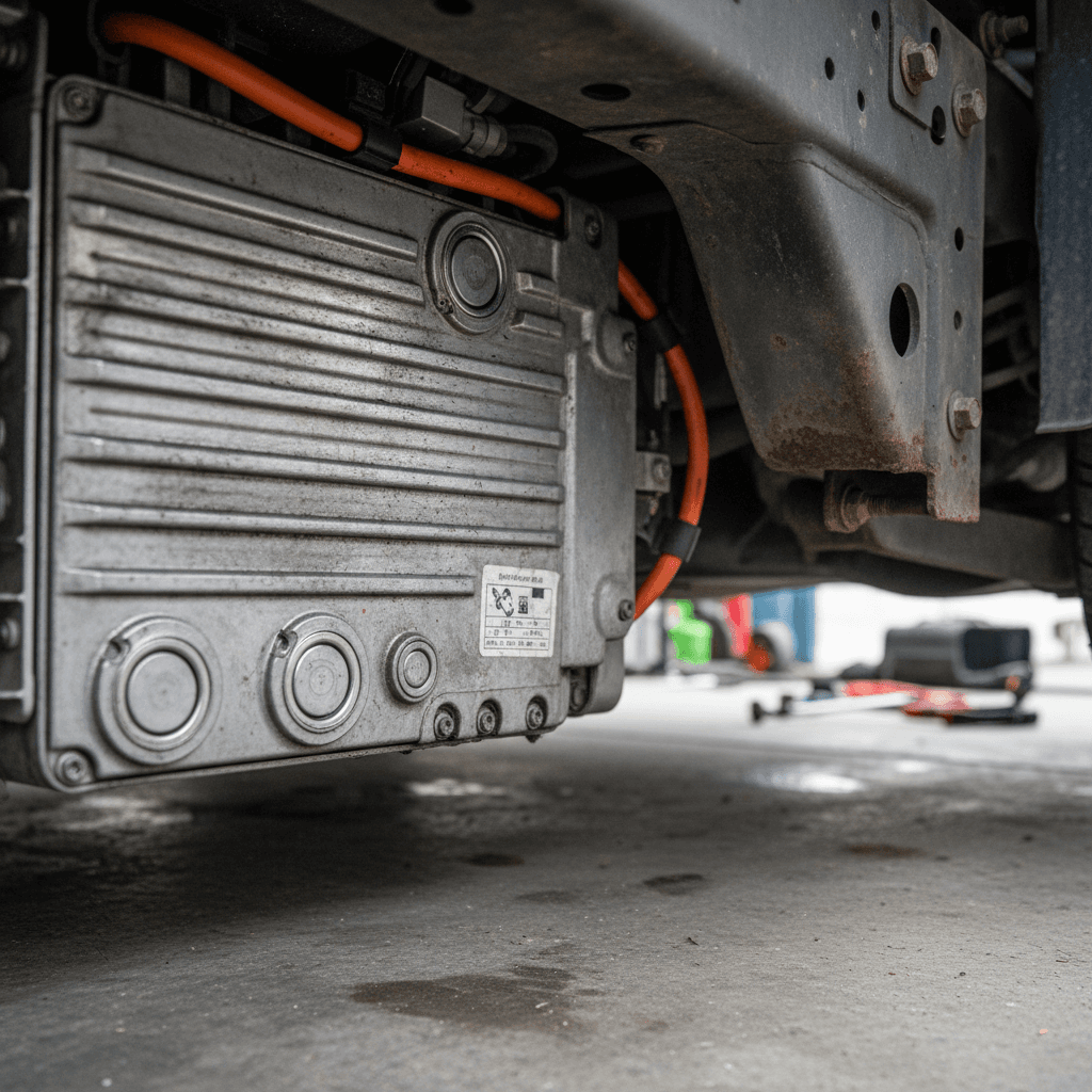 Underfloor electric car battery pack and chassis seen from below