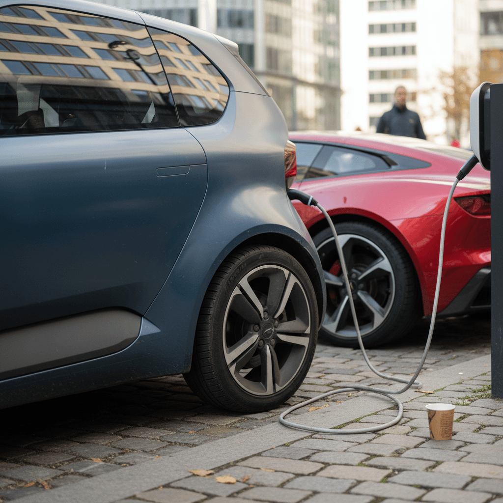 Technician inspecting the battery area underneath an electric vehicle on a lift