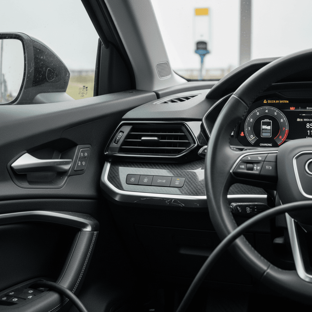 Audi Q4 e-tron dashboard displaying charging warning messages while plugged into a station