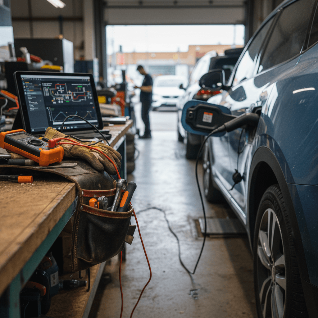 Mechanic inspecting the battery area of an electric vehicle in a repair shop