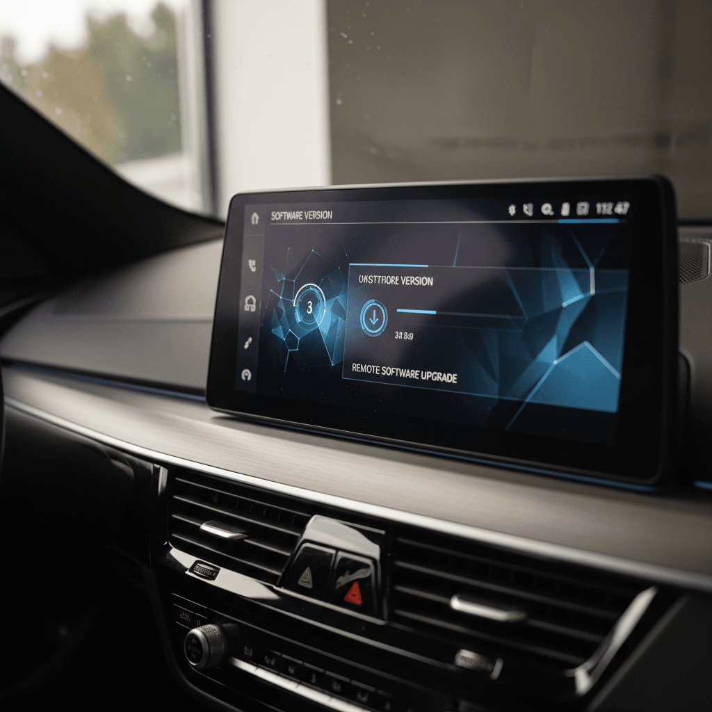 BMW i5 curved display showing the iDrive software version in the Remote Software Upgrade menu