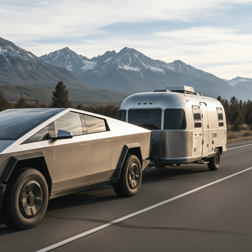 Tesla Cybertruck towing a trailer on an open highway, illustrating range impact while towing