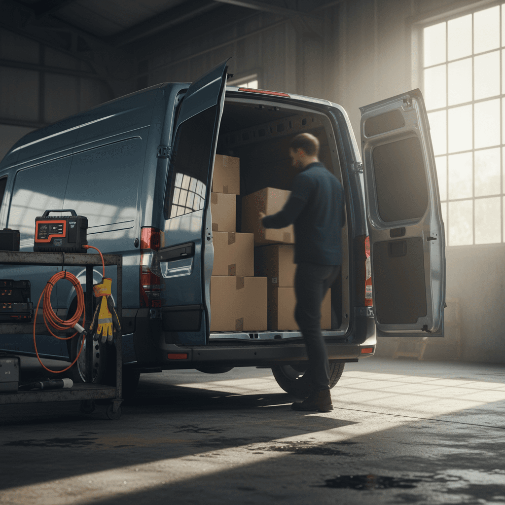 Flatbed tow truck loading a white electric vehicle on the roadside at dusk