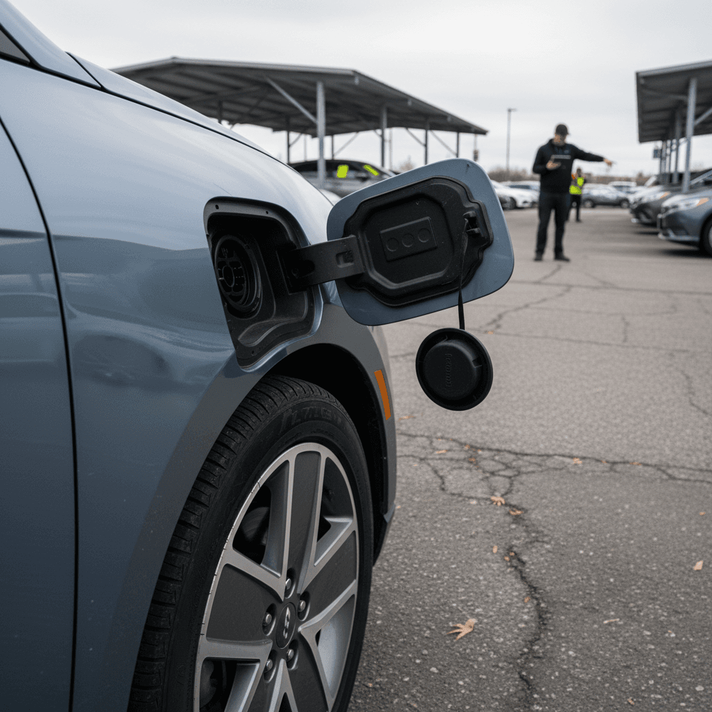 Row of used Hyundai IONIQ 5 crossovers parked on a dealer lot with visible price stickers