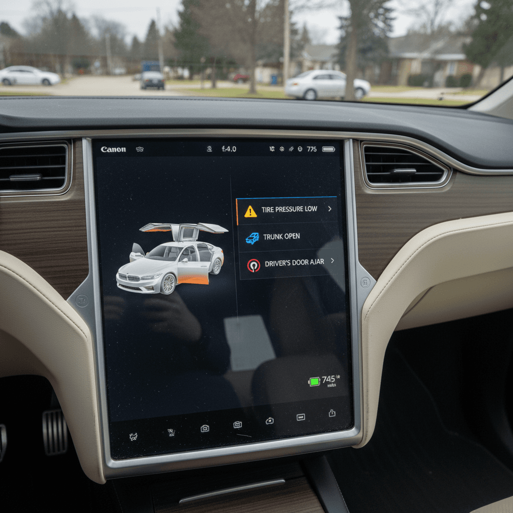 Tesla Model X interior touchscreen with service and alerts menu displayed