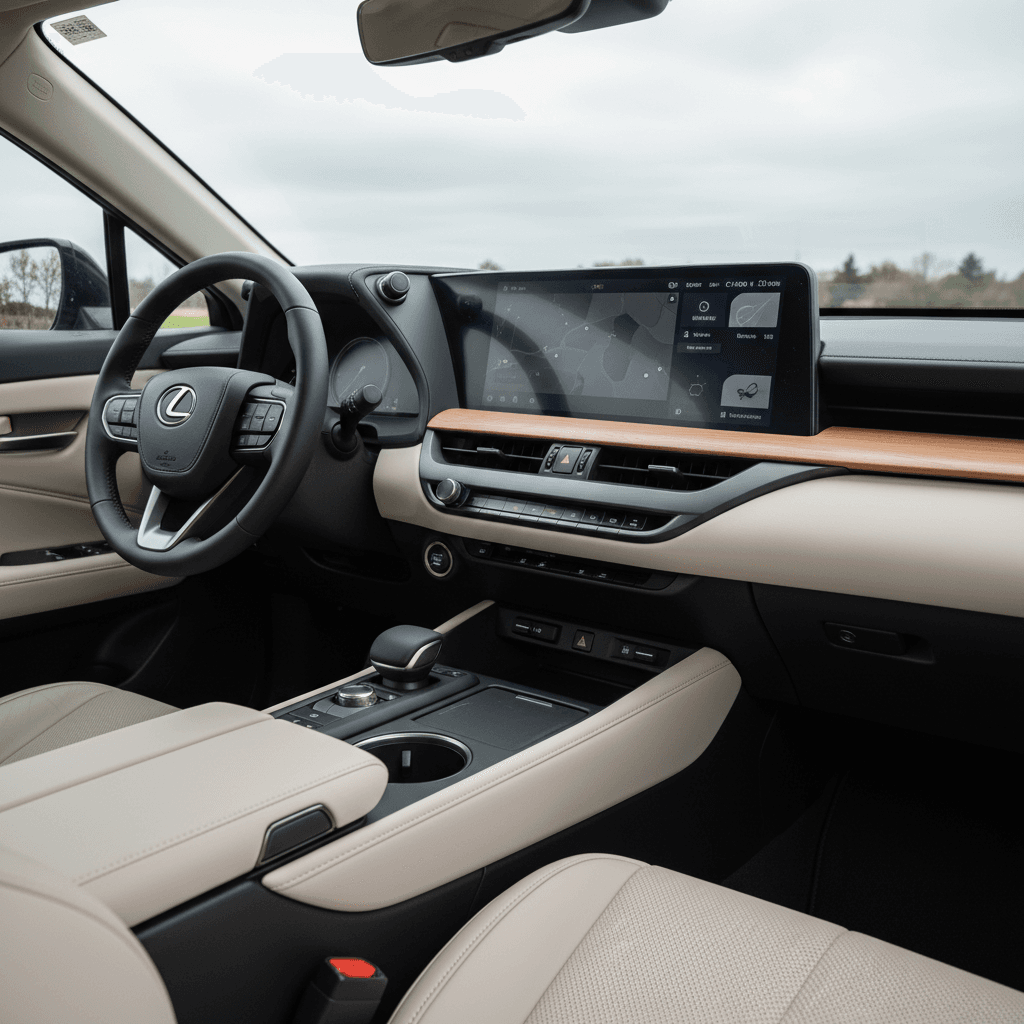 2023 Lexus RZ 450e plugged into a DC fast charger with digital range display visible on the dashboard