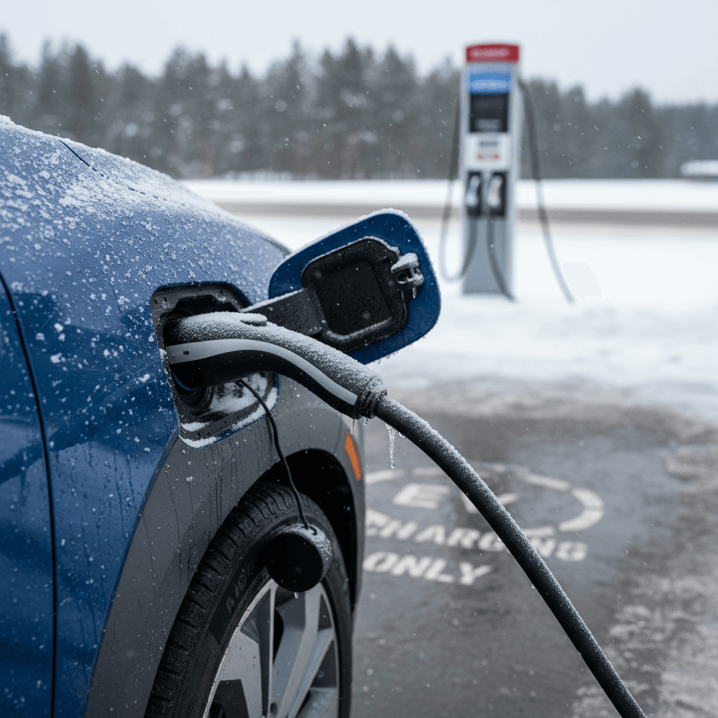 Ford Mustang Mach-E charging at a home Level 2 charger in a snowy driveway, illustrating winter EV home charging habits