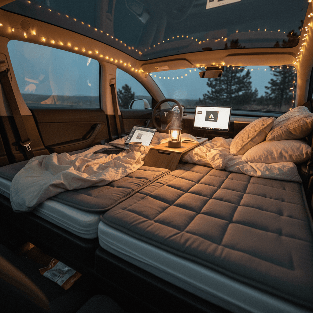 Tesla interior in Camp Mode with rear seats folded flat and bedding arranged for sleeping