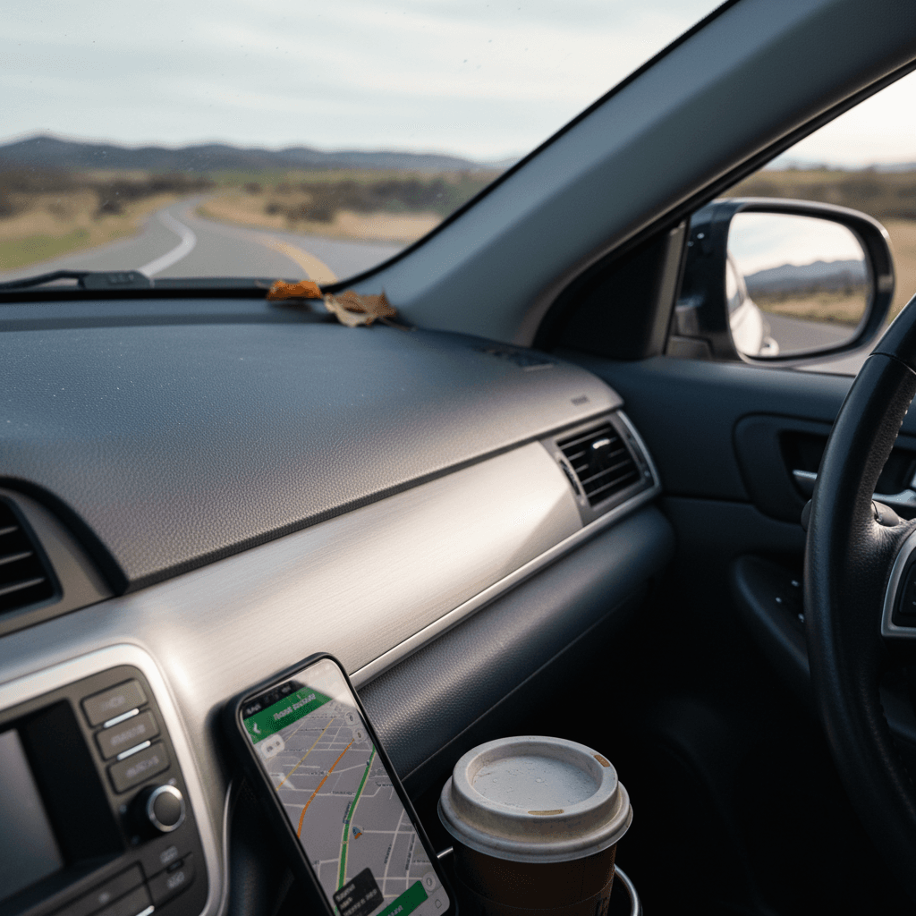 Modern compact sedan driving through a city street at dusk