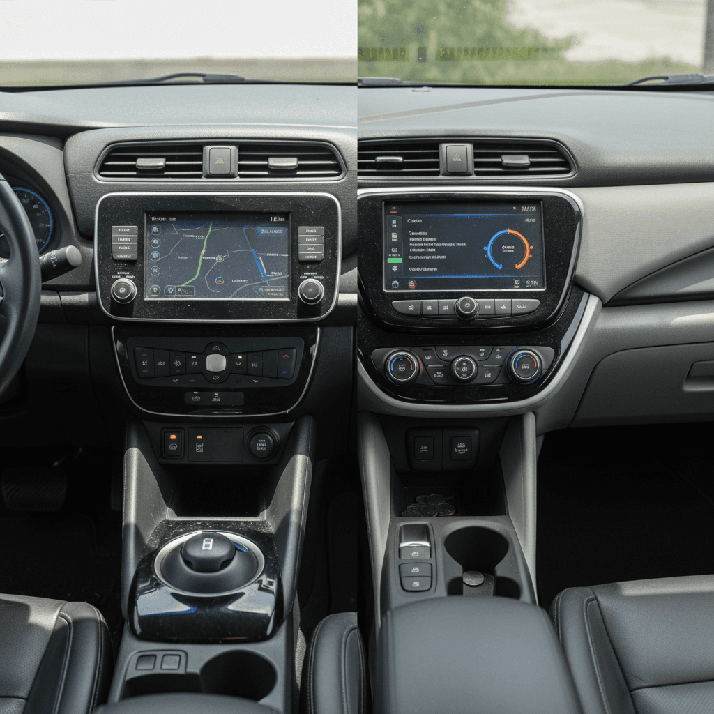 Side-by-side view of Nissan Leaf and Chevy Bolt EV interiors highlighting their central touchscreens and controls