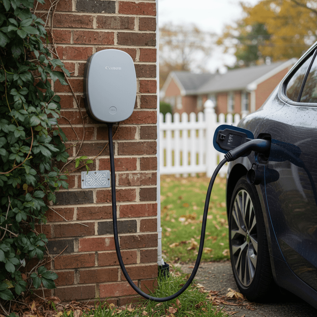 Electric vehicle plugged into a Level 2 home charger at a Rockville brick townhouse