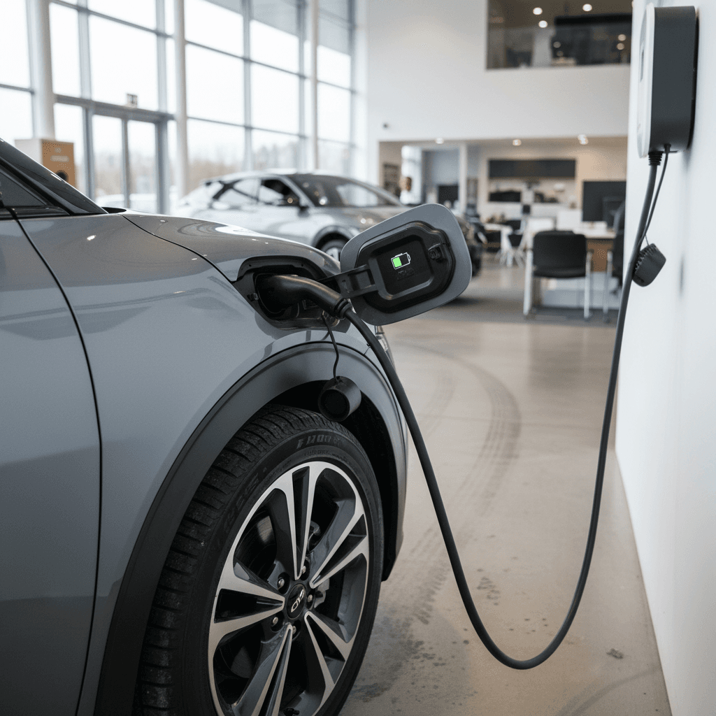 Kia EV6 parked in a showroom with focus on charging port and front wheel