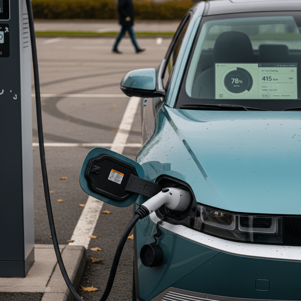 BMW i4 digital display showing remaining battery percentage and estimated electric driving range