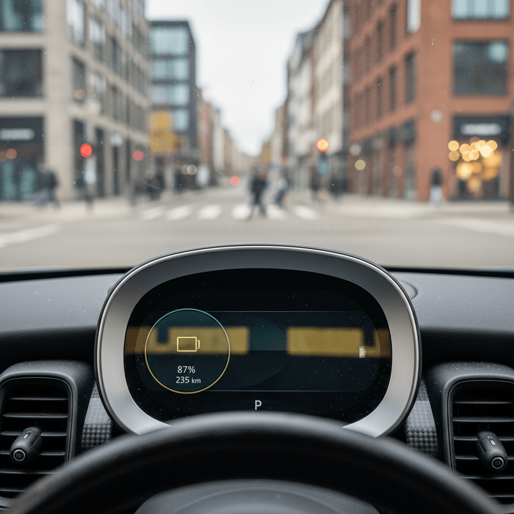 Mini Cooper Electric dashboard showing battery percentage and estimated remaining range during city driving