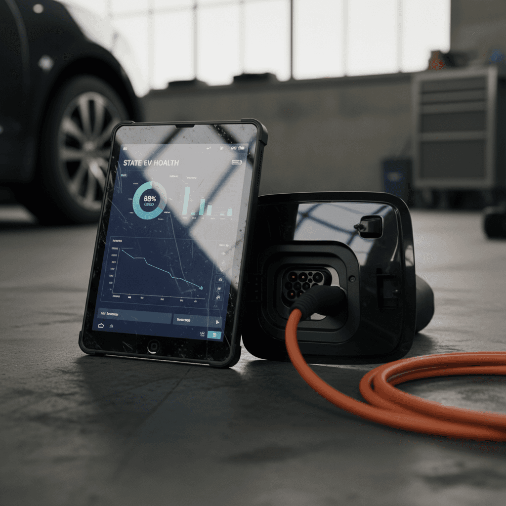 Technician reviewing an EV battery state of health report on a diagnostic tablet next to a charging port