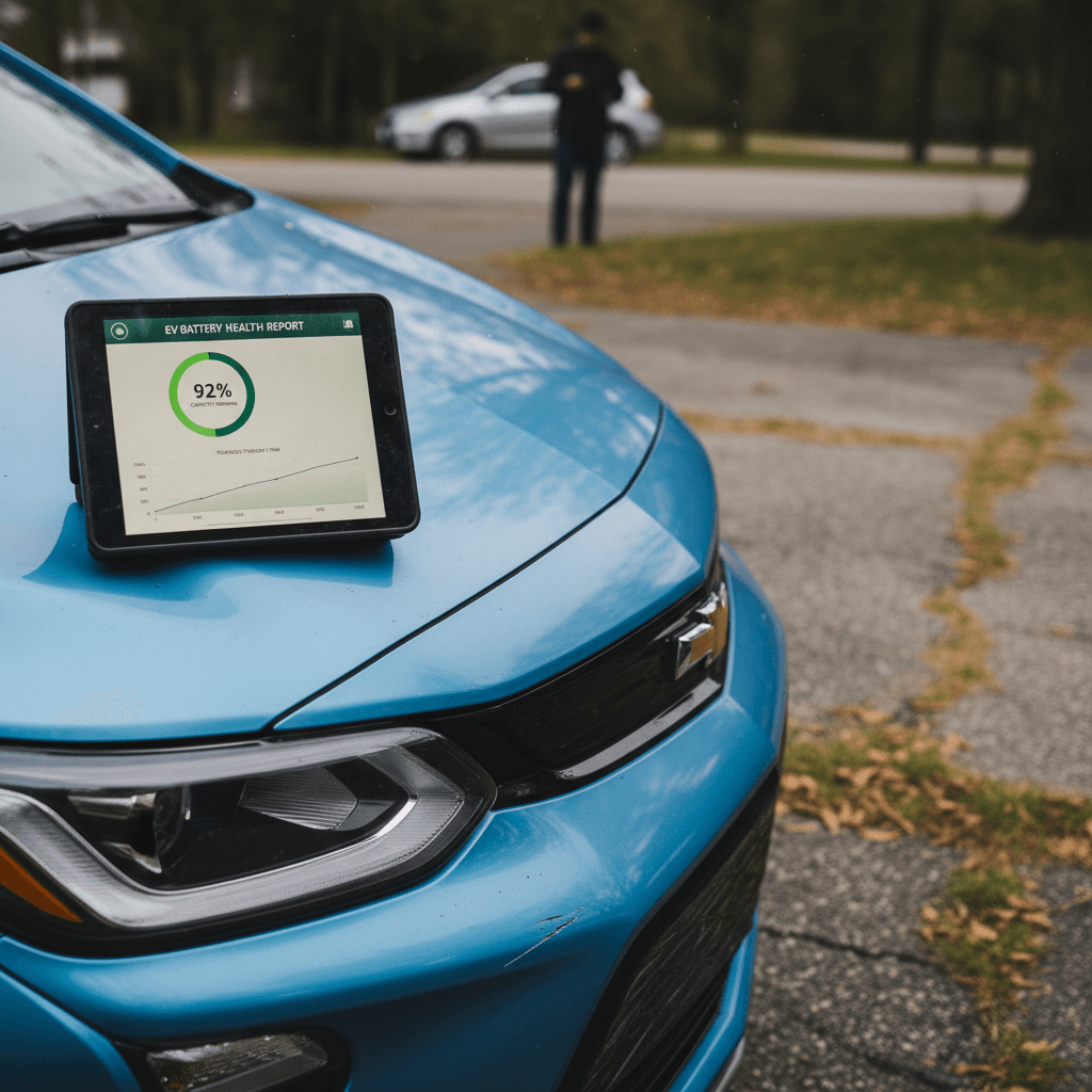 Tablet displaying an EV battery health report next to a Chevy Bolt EUV