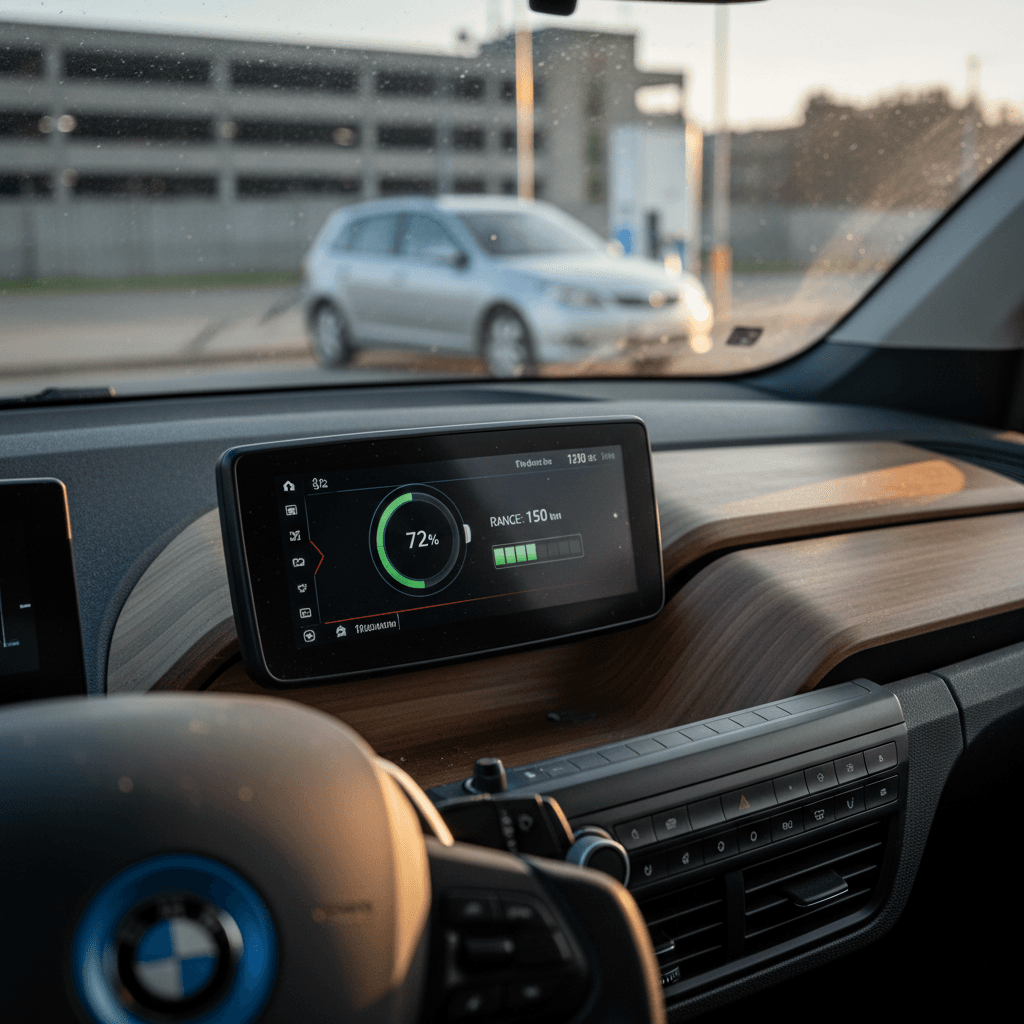BMW i3 interior cabin with modern dashboard and large screens