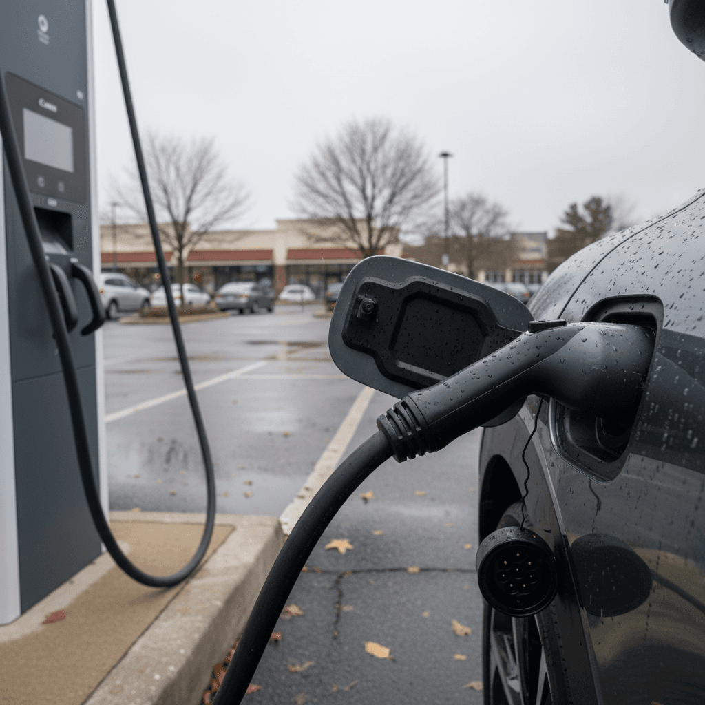 Electric cars plugged into a row of modern DC fast chargers in a Connecticut shopping center parking lot