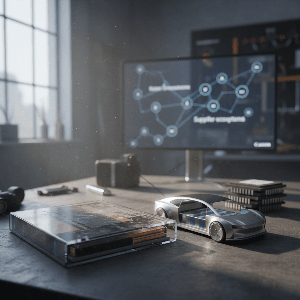 Robotic assembly line building modern electric vehicles in a large factory