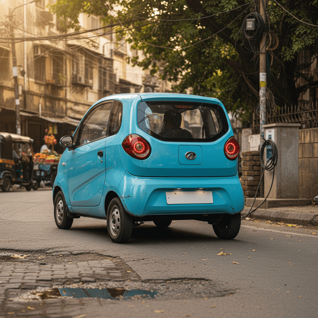 Small electric car driving through busy city traffic in India