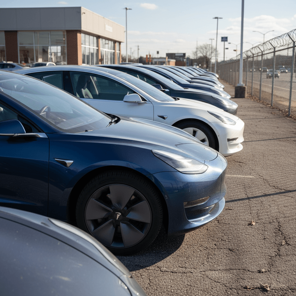 A used Tesla Model 3 parked on a city street, representing affordable pre-owned EV options