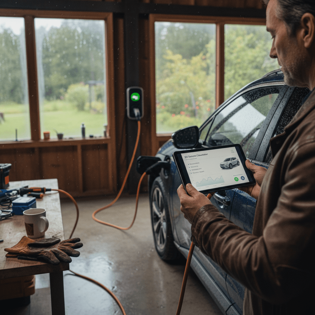 Lexus RZ plugged into a home wall charger with cost charts in the background