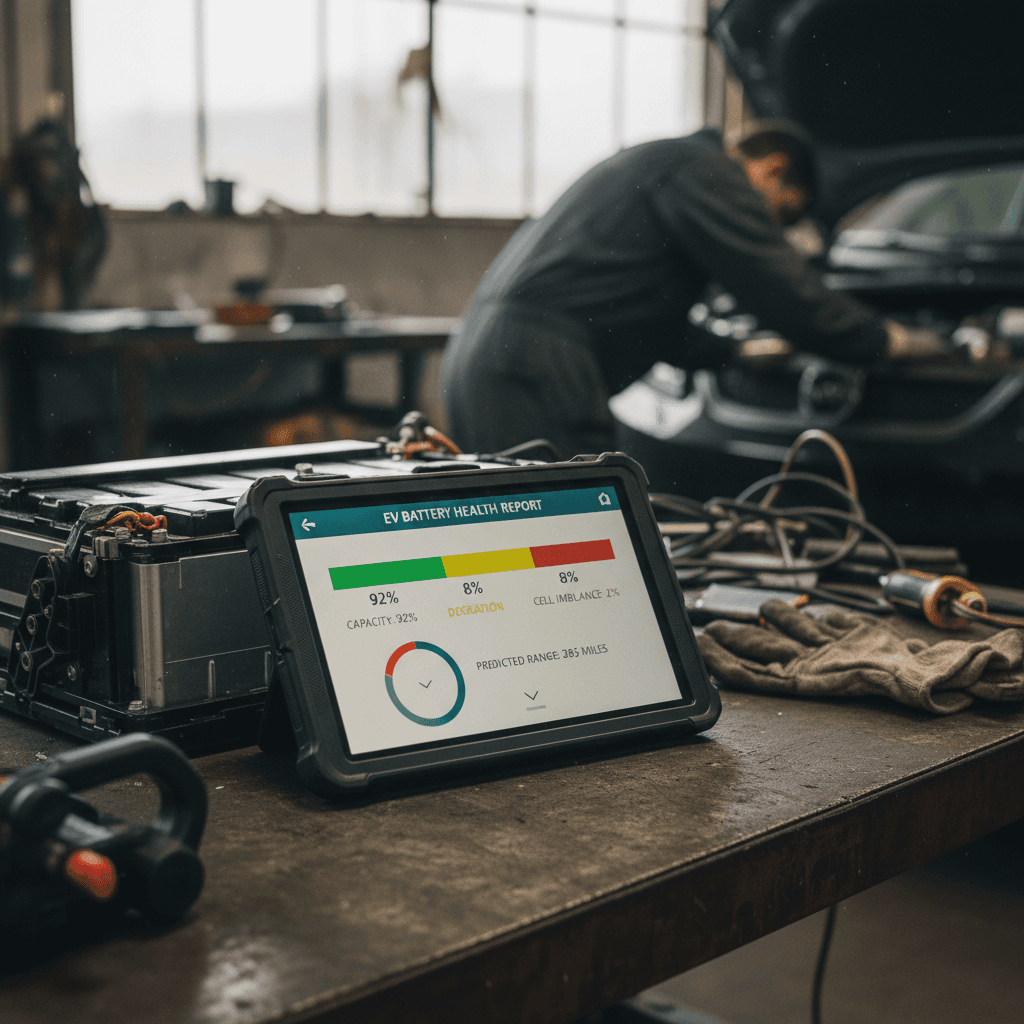 Technician using a tablet to run battery health diagnostics on an electric vehicle